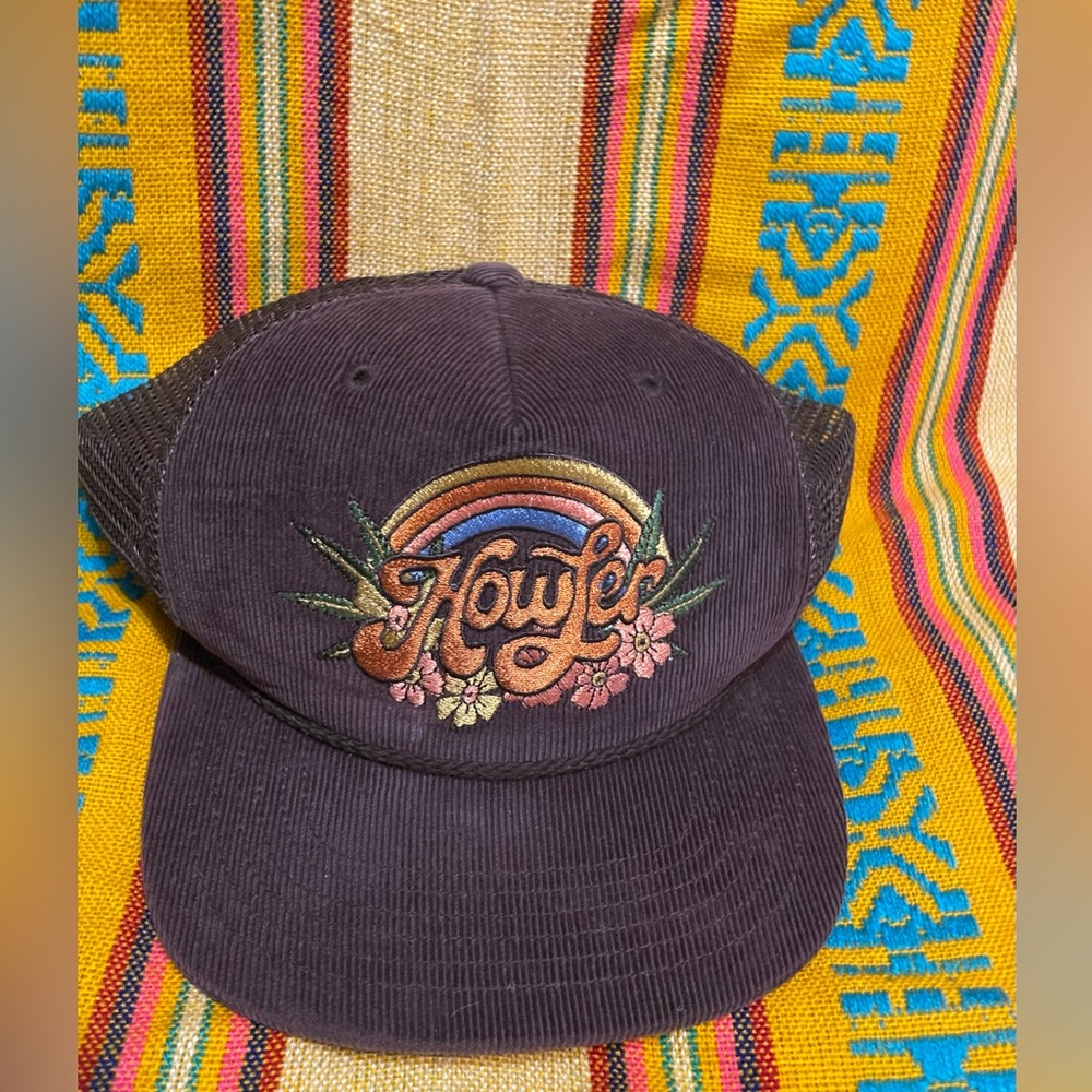 Howler Bros Brown Corduroy Hat Adjustable Snapback Tropical Hibiscus Rainbow